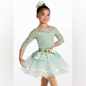 Weissman | Gift of a Friend Green 3/4 Sleeve Velour and Lace Dance Tutu, Size MC